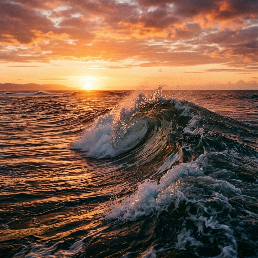 Warm sunset over the ocean, wave