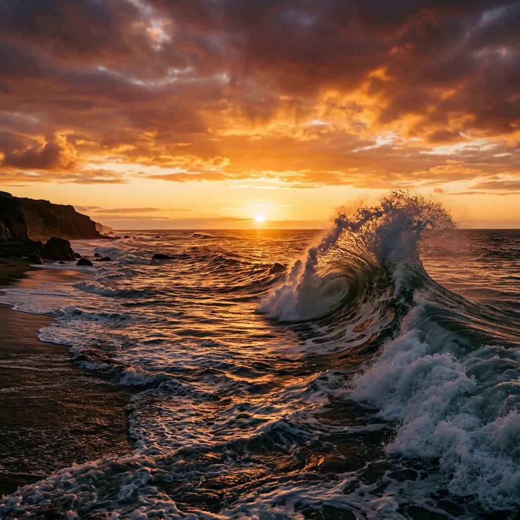 Warm sunset over the ocean, wave
