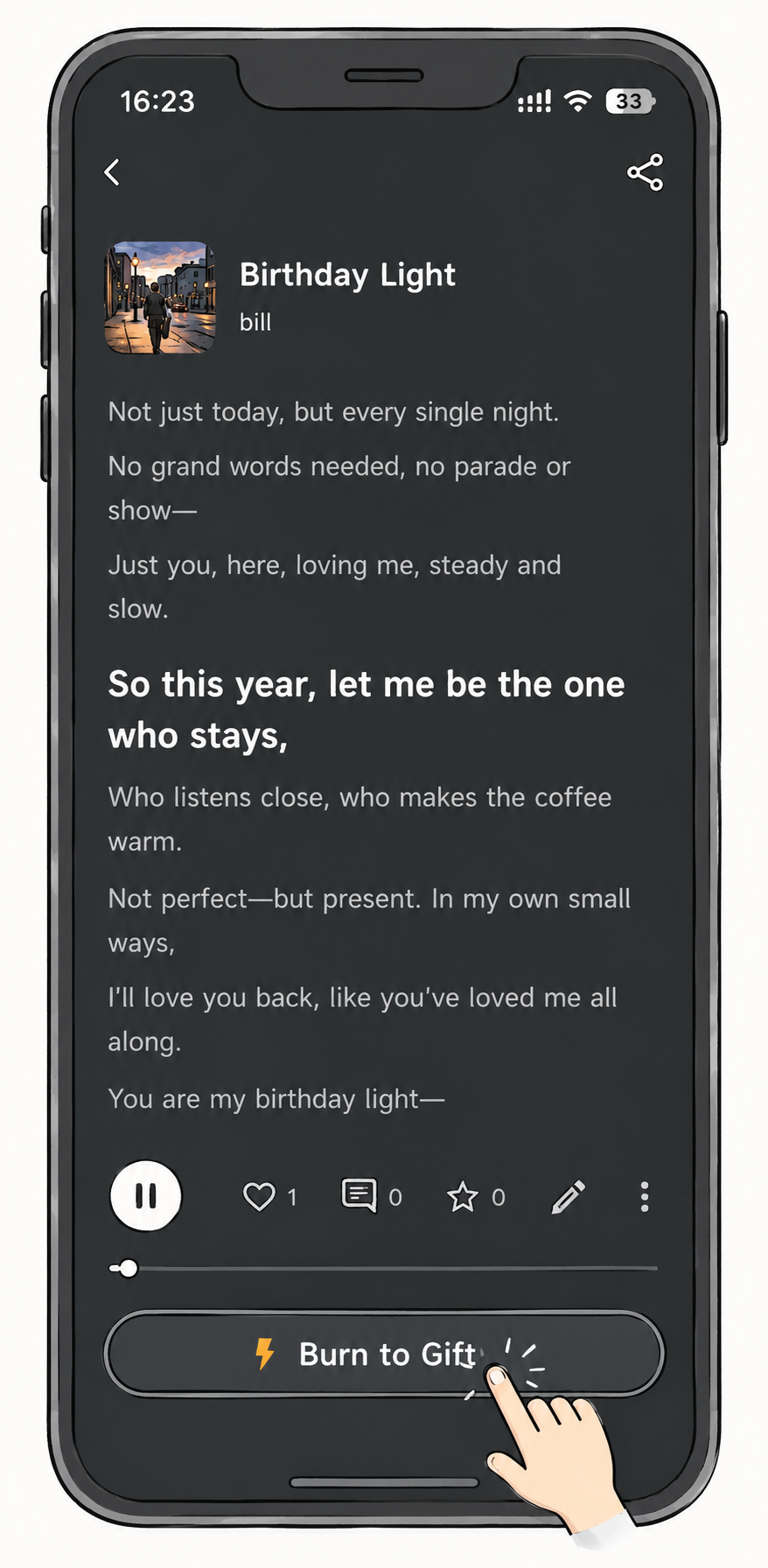 Phone showing Burn to Gift in the EchoMory app